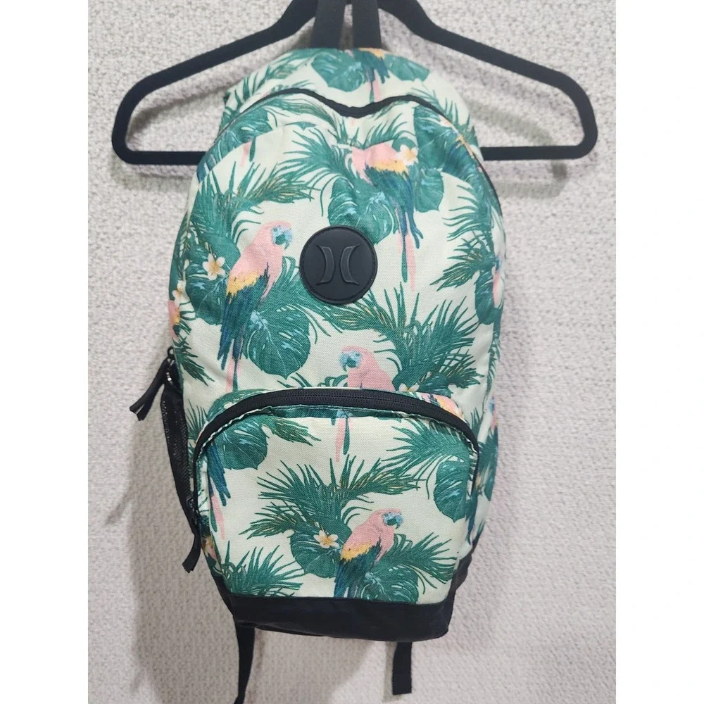 Hurley Backpack Tropical Parrot Green Pink Black Front Pocket Adjustable Straps